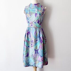 Suzy Perette Vintage 60s Dress Blue Purple Psychedelic Swirl Print Mock Neck 8